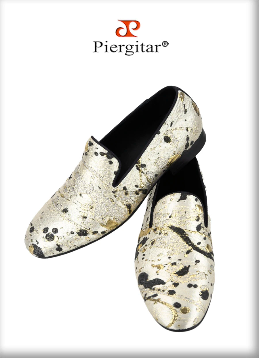Piergitar Gold Color Ink Embossed Silk Men's Loafers Slip-On Model Handmade Moccasins For Wedding Breathable Leather Insole