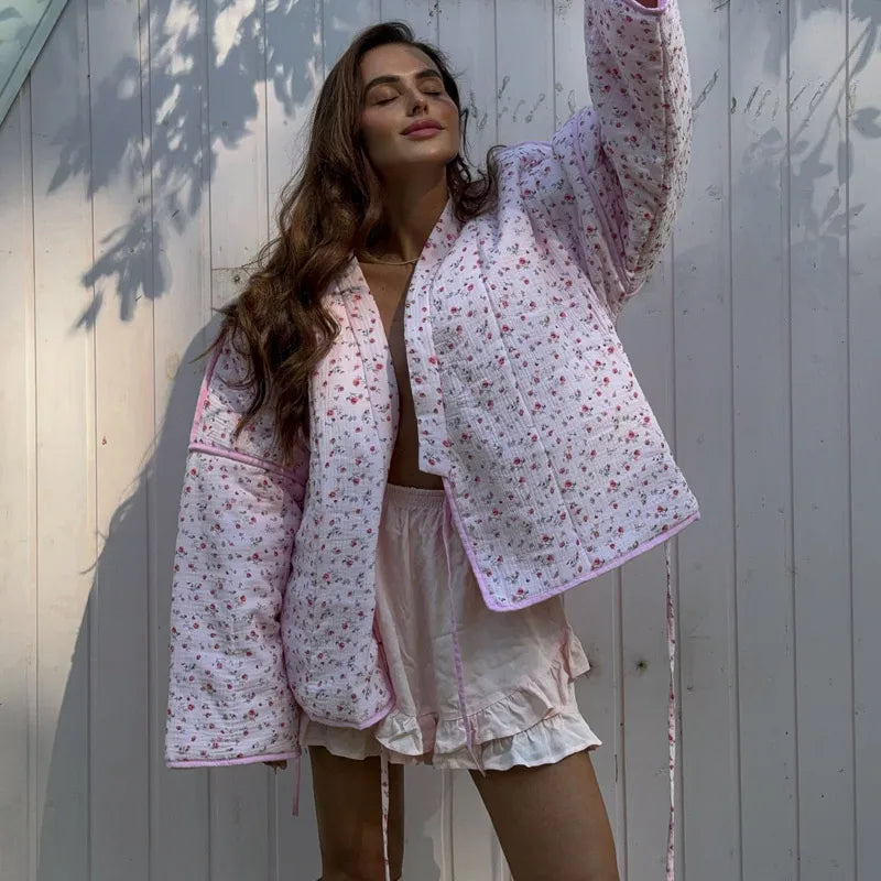 Floral Printed Women's Cardigan Cute Lace up Pink Women Coat Casual Loose Autumn Warm Coats Fashion New Ladies Coats Outerwear