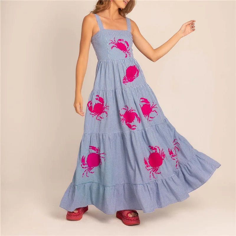 Imcute Women Cute Embroidered Maxi Dress Beach Dress Summer Boho Ruffle Long Dress Spaghetti Strap Flowy Maxi Dress