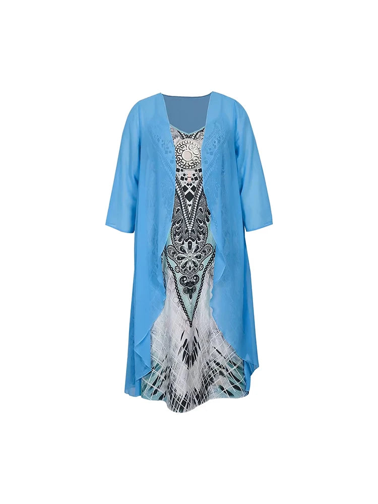 Plus Size Casual Dress Sets Solid Open Front and Graphic Printed Dress Sets Women's Plus Size Clothing
