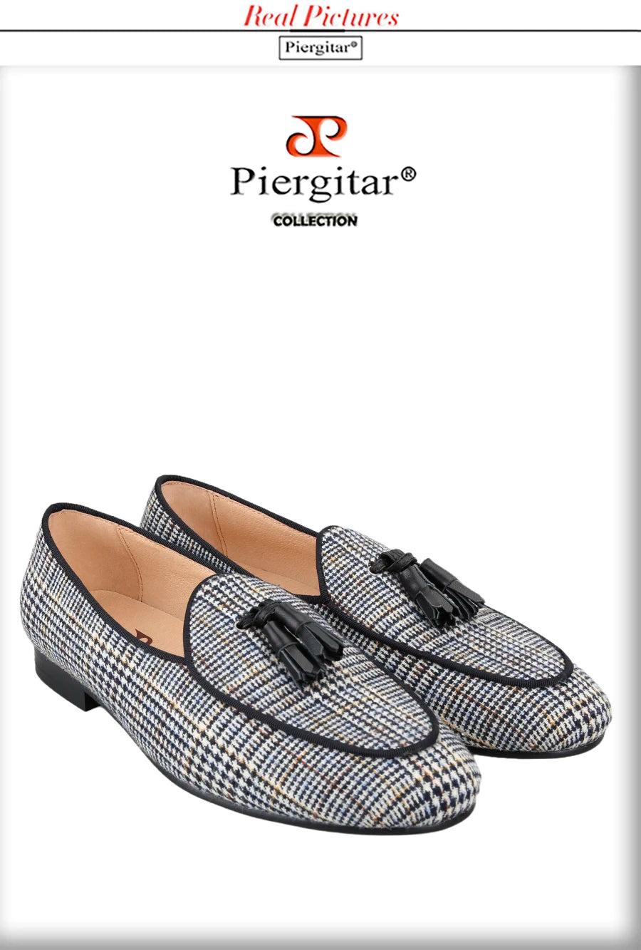 Piergitar Gray Color Gingham Cotton Men's Loafers With Leather Tassels Fashion Party Handmade Smoking Slippers Slip-On Flats