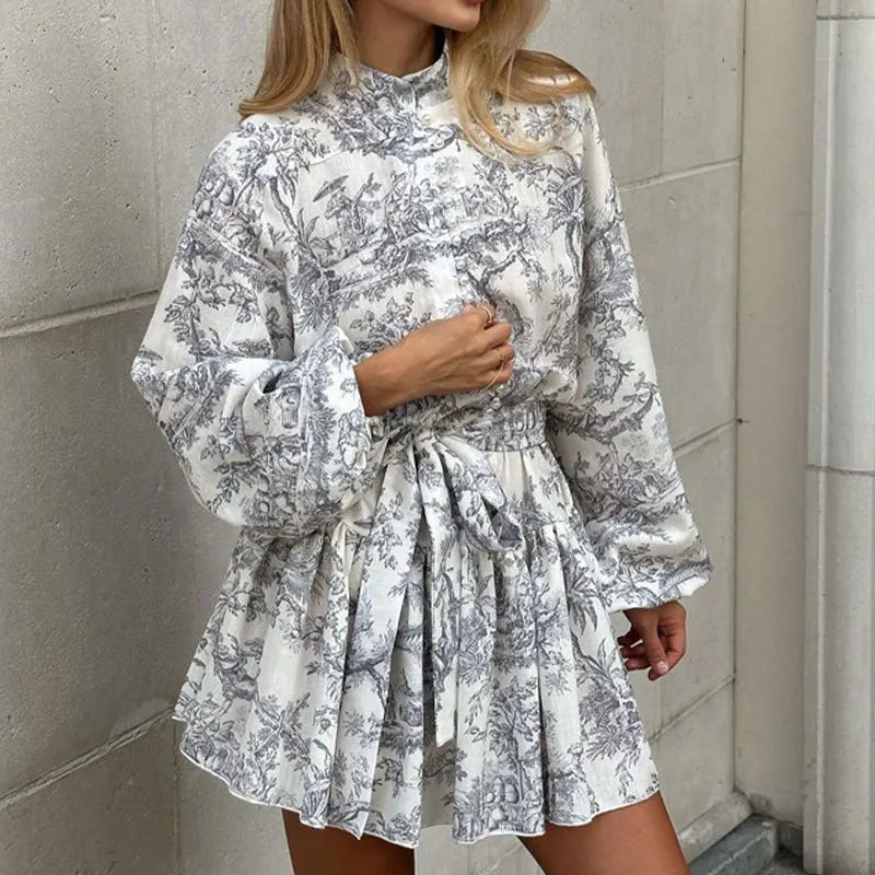 Elegant Fashion Long Sleeve Printed Dress Independent Station New Women's Clothing Line Tie Waist Chinese Style Print Dress