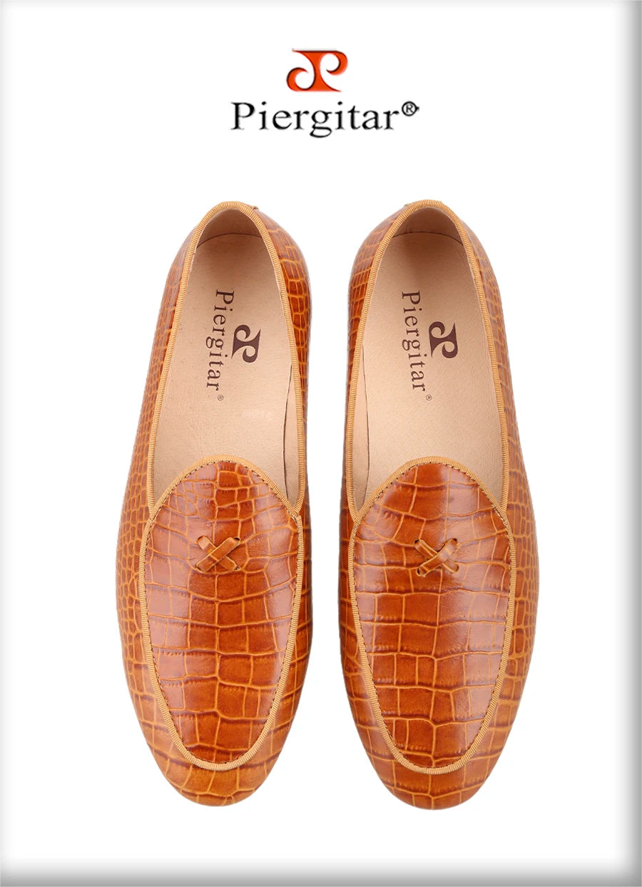 Piergitar Italy Toscana Imported Crocodile Pattern Calfskin Slip-On Loafers Handmade Men's Moccasin For Fashion Party And Prom