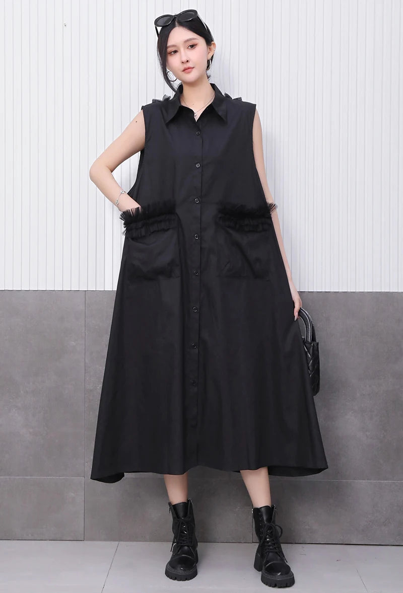 Front Pocket New 2025 Summer Korean Style Woman Black Sleeveless Shirt Dress Loose Fit Chic Holiday Casual Big Size Robe JKXD003