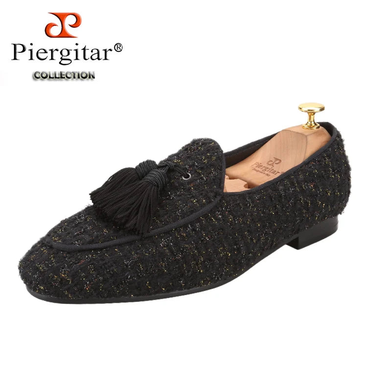 Piergitar 2025 White And Black Colors Tweed Men's Loafers With Handmade Tassels British Classic Style Slip-On Smoking Slippers