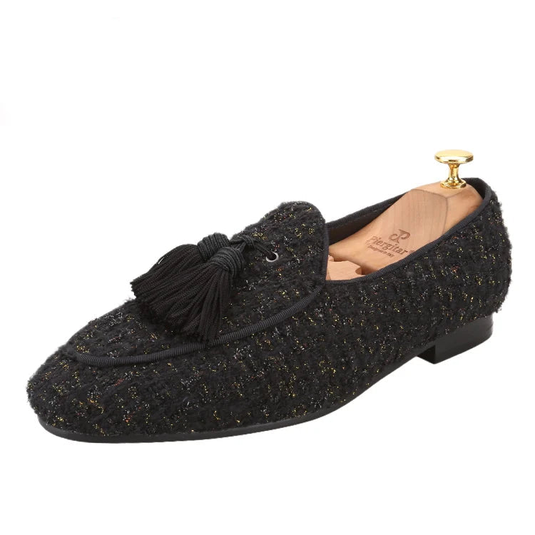 The British Classic style slip-on smoking slippers in White and Black Tweed with Handmade Tassels.