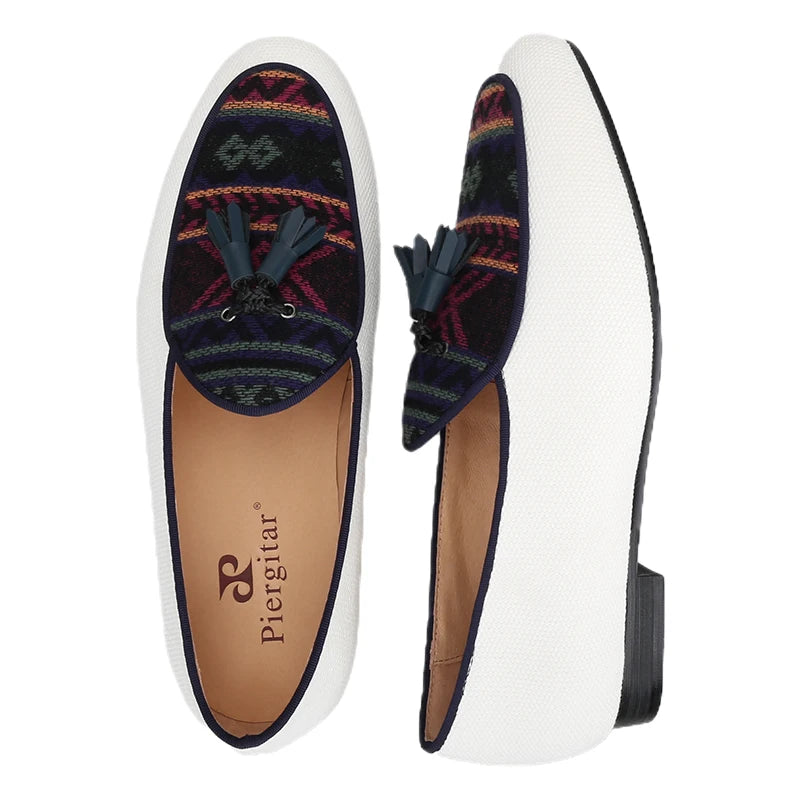 Men's Loafers in Classic Handmade Leather Tassels, Ivory Color Canvas Mix Ethnic Style Cotton