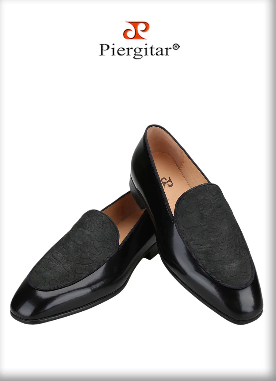 Piergitar Flower Pattern Embossed Leather Patchwork With Black Calfskin Men's Loafers Handmade Slip-On Slippers Red Bottom Flats