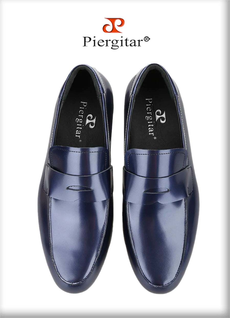 Piergitar Navy-Purple Smooth Genuine Leather Men's Penny Loafers Handmade Slip-On Male Flat Shoes For Party/Wedding Suit Wear