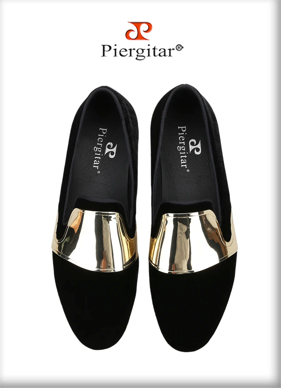 Piergitar Handmade Men Velvet Shoes With Across Gold Metal Buckles For Formal Suit Wear Fashion Party Slip-On Loafers Plus SIze