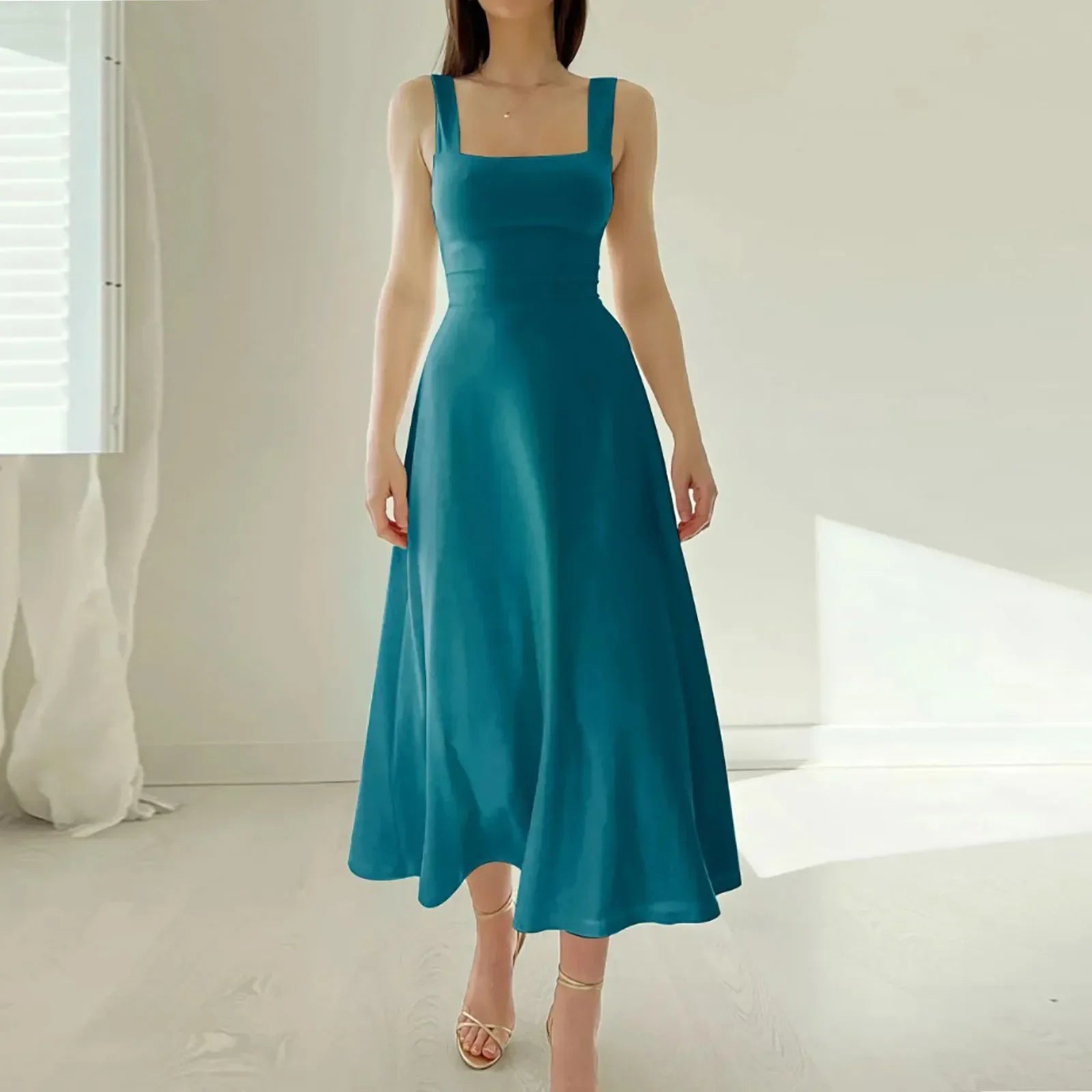 Women's Sleeveless Square Neck Back Lace Dress