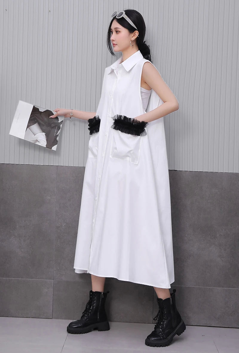 Front Pocket New 2025 Summer Korean Style Woman Black Sleeveless Shirt Dress Loose Fit Chic Holiday Casual Big Size Robe JKXD003