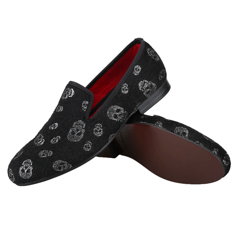 Piergitar New Style Black Horsehair Sliver Skull Embossed Men Shoes For Party Slip-On Loafers Smoking Slipper Men Flat Plus Size