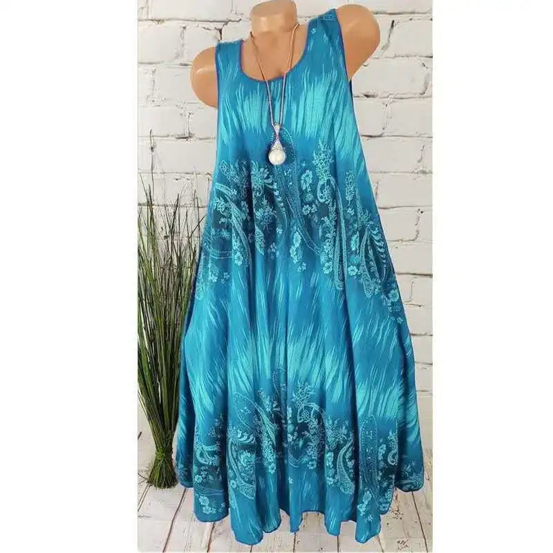 Elegant Floral Printed Lace Stitching O-Neck Sleeveless Women Summer Loose Tank Dress 2024