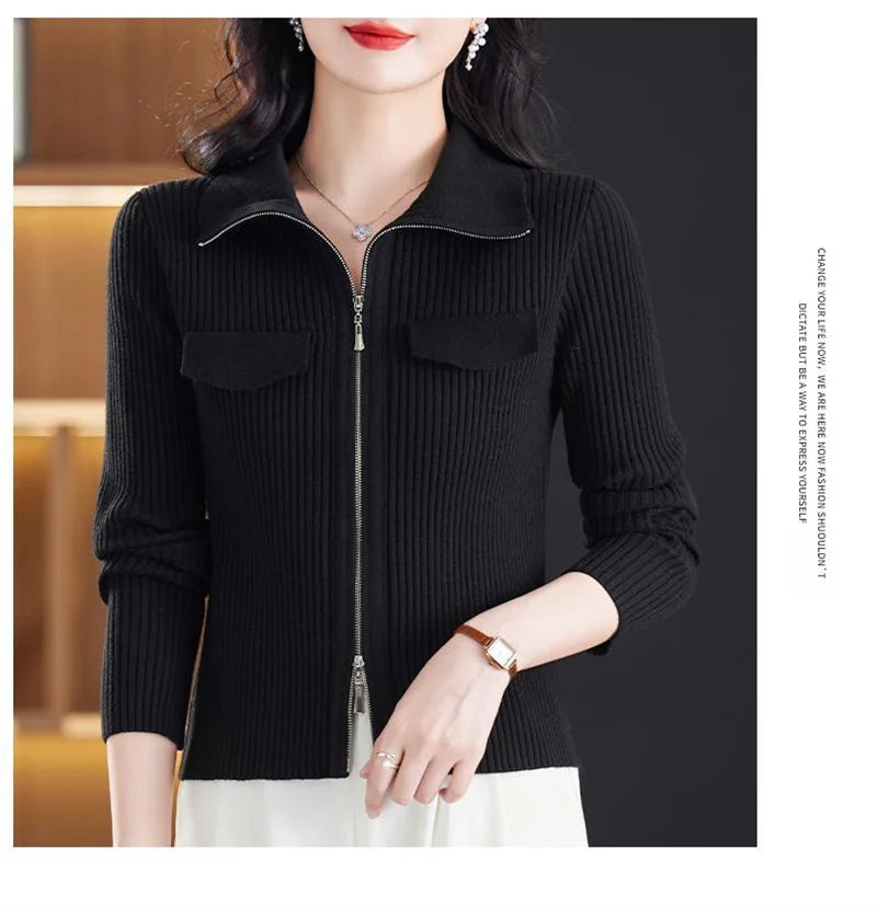 Spring Autumn Women Knitted Sweater Cardigan Short Jacket 2025 New Korean Fashion Zipper Solid Turn-Down Knit Coat Female Tops