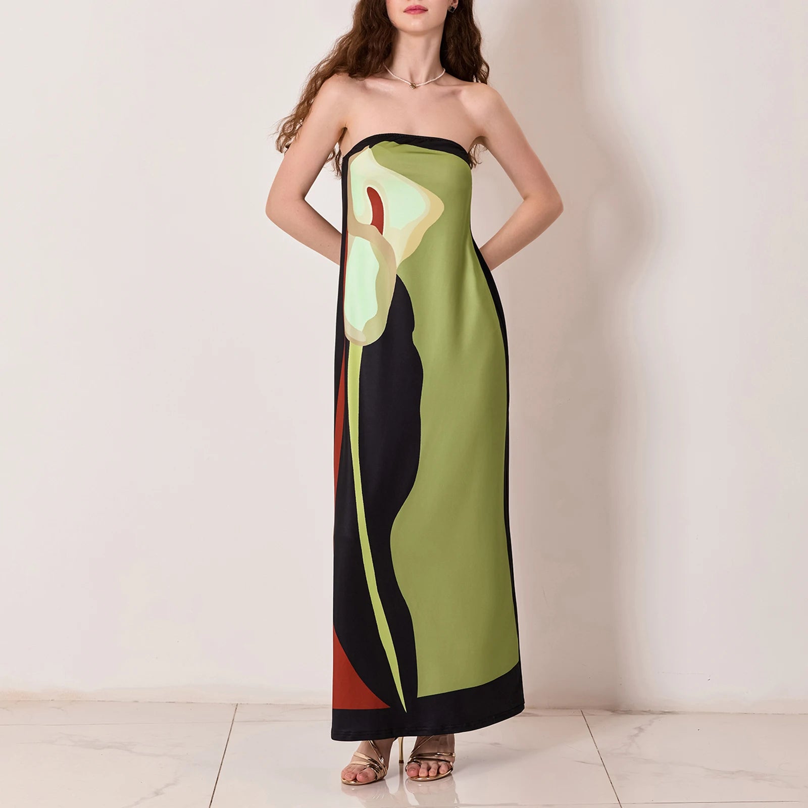 Tube Bodycon Dress Women Elegant Avocado Print Strapless Elegant Maxi Dress Sleeveless Holiday Robes Summer Chic Long Dress