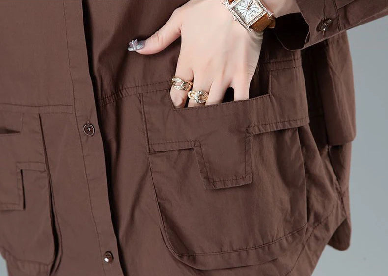 Fashion Single-breasted Solid Color Jackets Tops Female Spring All-match Loose Casual Long Sleeve Pockets Coats Women's Clothing