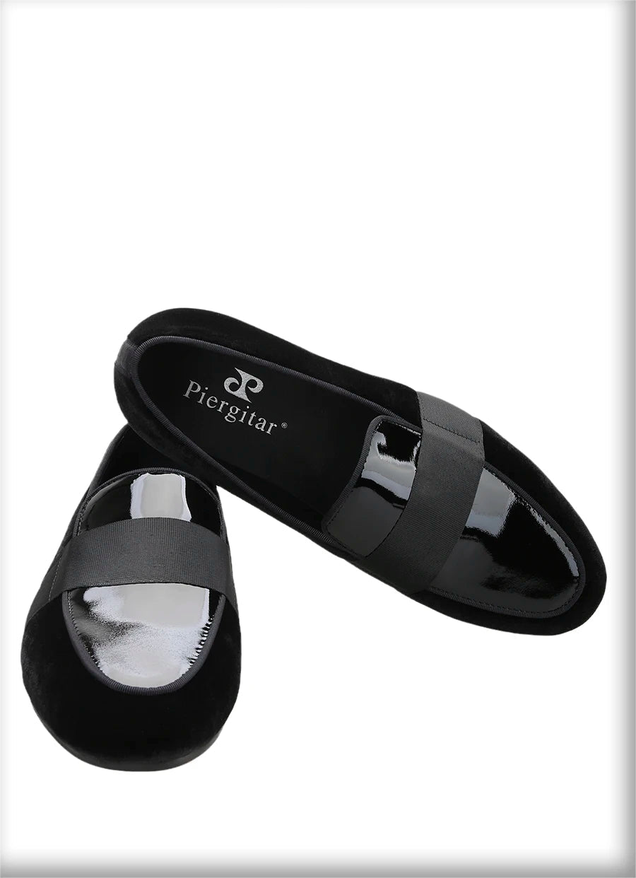 Black Velvet Patent Leather Loafers with Horizontal Band Handmade Flats for Party Formal Suits