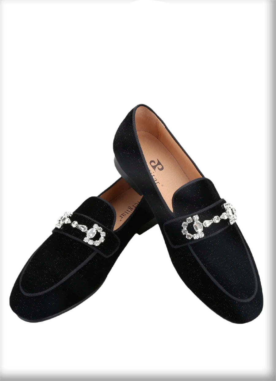 Black Velvet Loafers For Men With Crystal Rhinestone Horsebit Embellishments