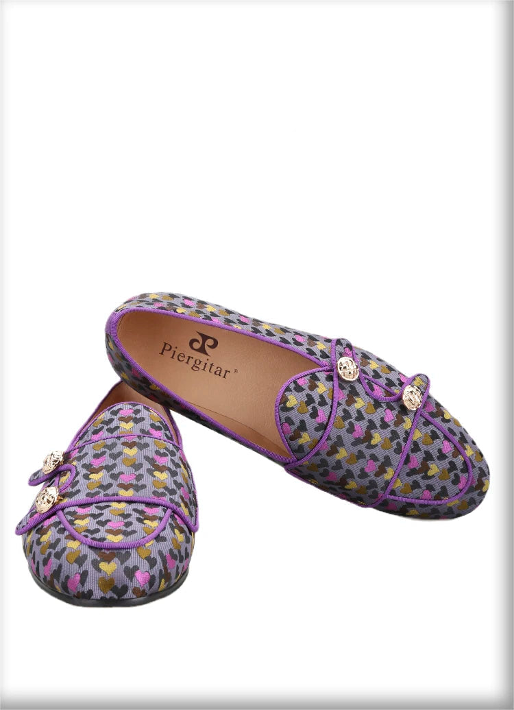 Men's slip-on monk shoes with gold buttons and a violet color silk heart jacquard, made by hand.