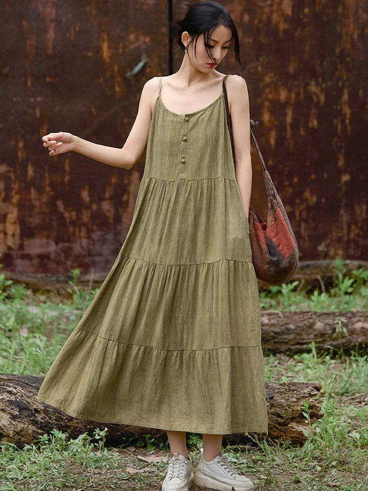 Cotton Linen Long Spaghetti Strap Dress