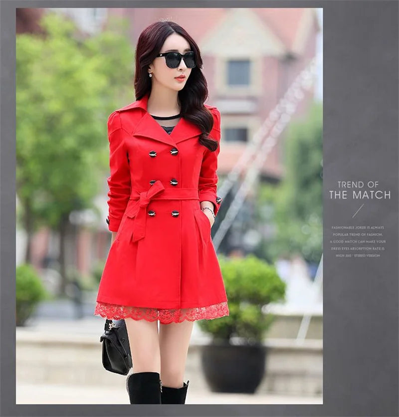 2025Spring Autumn New Windbreaker Coat Women Fashion Slim Mid Long Lace Trench Coat Female Casual Double-breasted Outerwear Tops