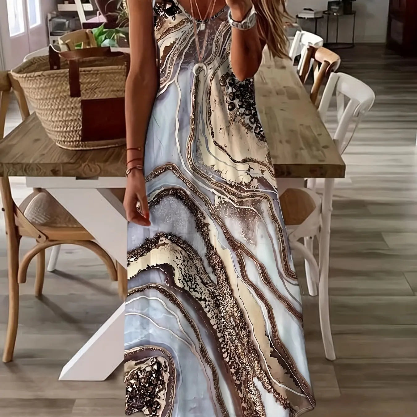 Blue Tribal Pattern Print Beach Vacation Casual Suspender Dress Fashionable Casual Sleeveless Loose Suspender Ankle Length Dress