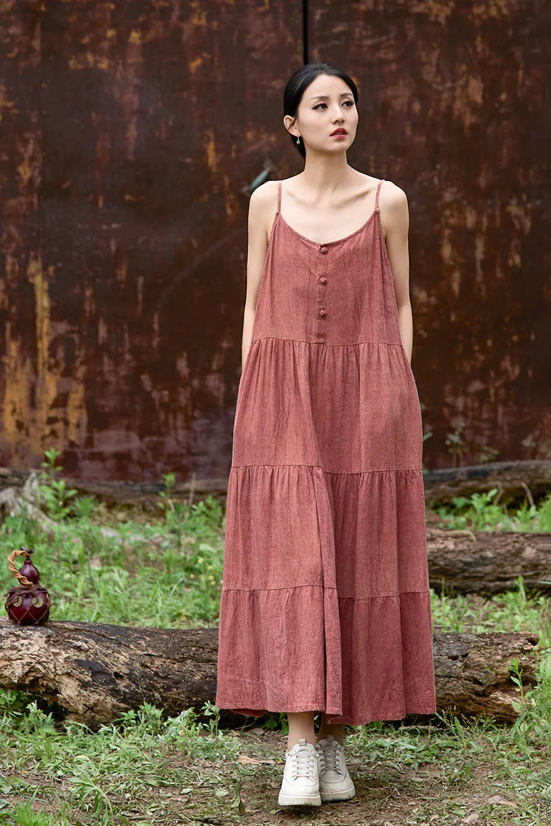 Cotton Linen Long Spaghetti Strap Dress