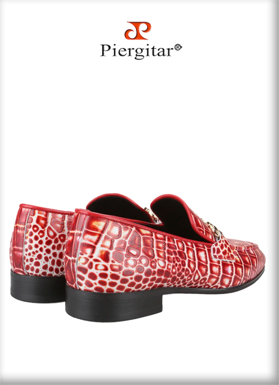 Piergitar Classic Model Gold Horsebits Men's Loafers Red And Light Green Crocodile Pattern Calfskin Handmade Slip-On Slippers