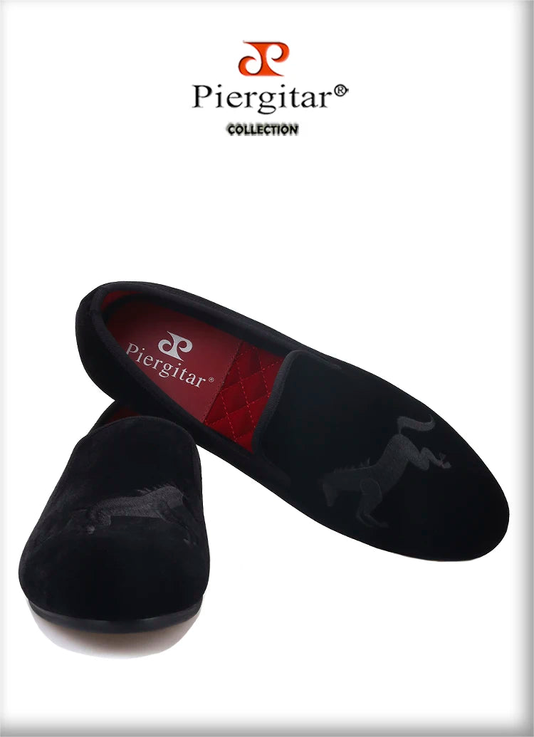 Piergitar High Level Customization Black Velvet Men's Loafers For Party Handmade Horse Embroidery Slip-On Man Smoking Slippers