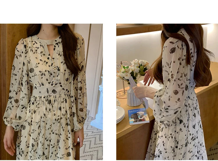 Floral Midi Dress Women Sweet A-Line Long Sleeve Hollow Out Dress Elegant High Waist Casual Long Dress Daily or Vacation Outfits