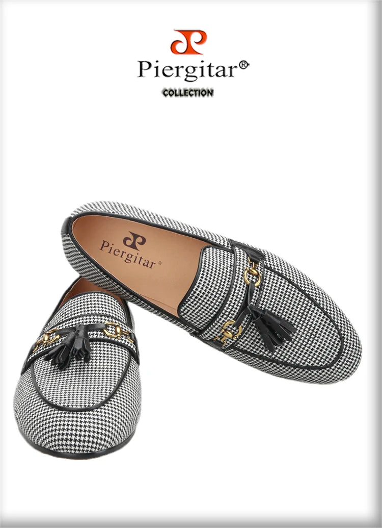 Piergitar 2023 Black And White Wool Houndstooth Slippers With Metal Horsebits Leather Tassels Men's Loafers Handmade Moccasins
