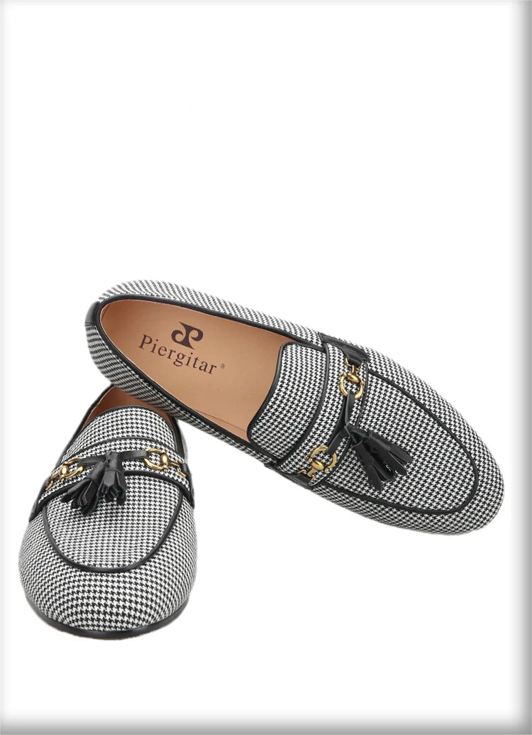 2023 Black And White Houndstooth Wool Slippers with Leather Tassels and Metal Horsebits for Men's Loafers