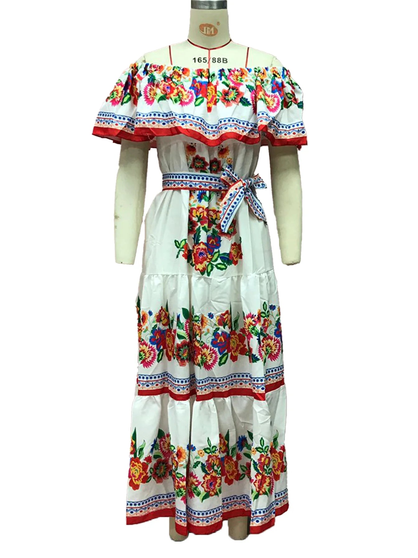 2024 Spring/Summer New Women Retro Fashion One Shoulder Red Flower Printed Waist Collection Long Style Large Swing Casual Dress
