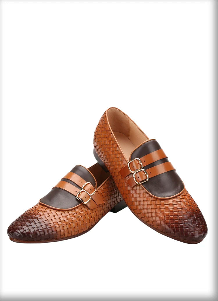 Men's Hand-Rubbed Brown Woven Calfskin Monk Shoes with Cross-Tied Handmade Loafers Genuine Lining