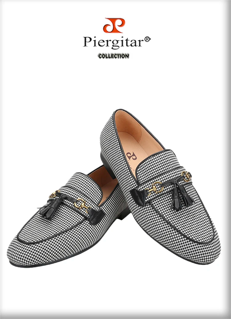 Piergitar 2023 Black And White Wool Houndstooth Slippers With Metal Horsebits Leather Tassels Men's Loafers Handmade Moccasins