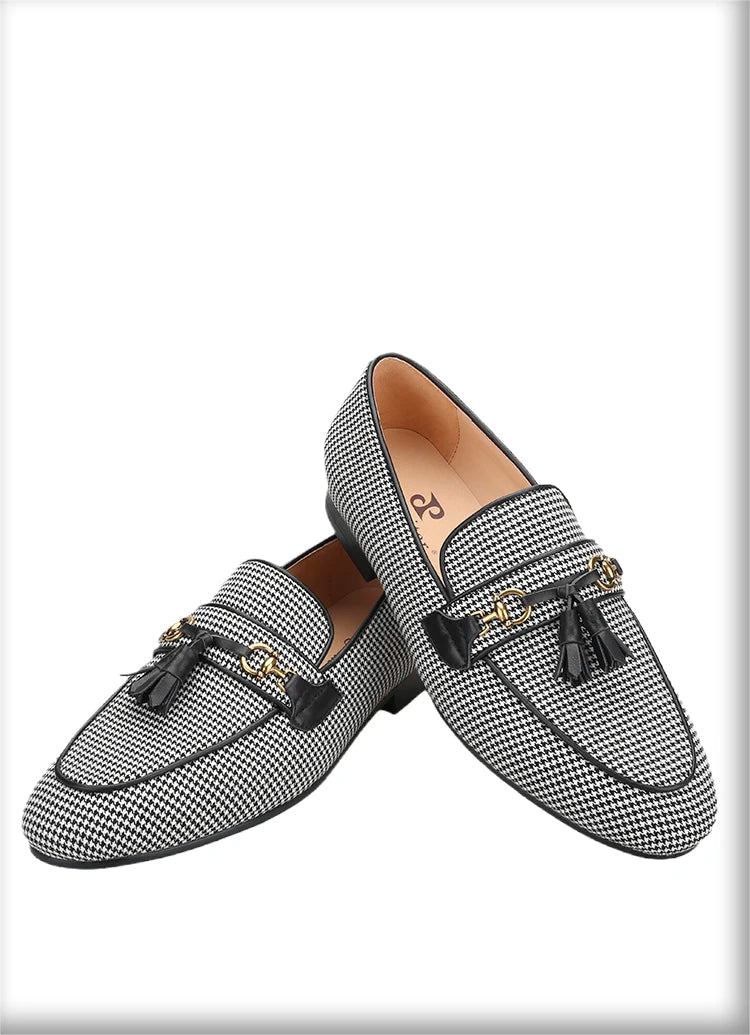 2023 Black And White Houndstooth Wool Slippers with Leather Tassels and Metal Horsebits for Men's Loafers