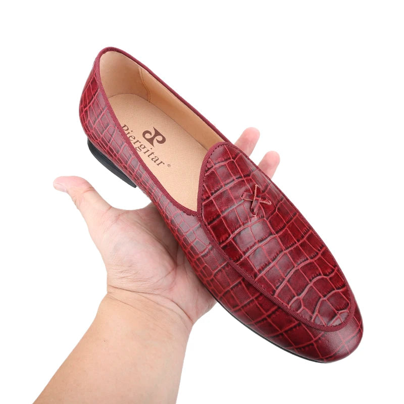 Piergitar Italy Toscana Imported Crocodile Pattern Calfskin Slip-On Loafers Handmade Men's Moccasin For Fashion Party And Prom