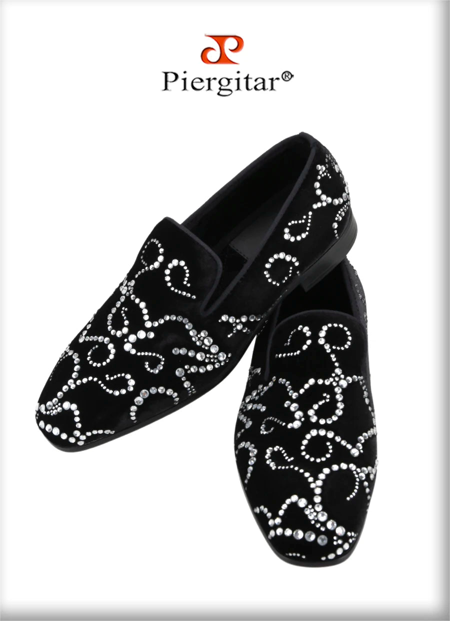 Piergitar Black Velvet And Octodandelion Strass Loafers Luxury Brand Same Design Red Bottom Handmade Crystals Men's Moccasins
