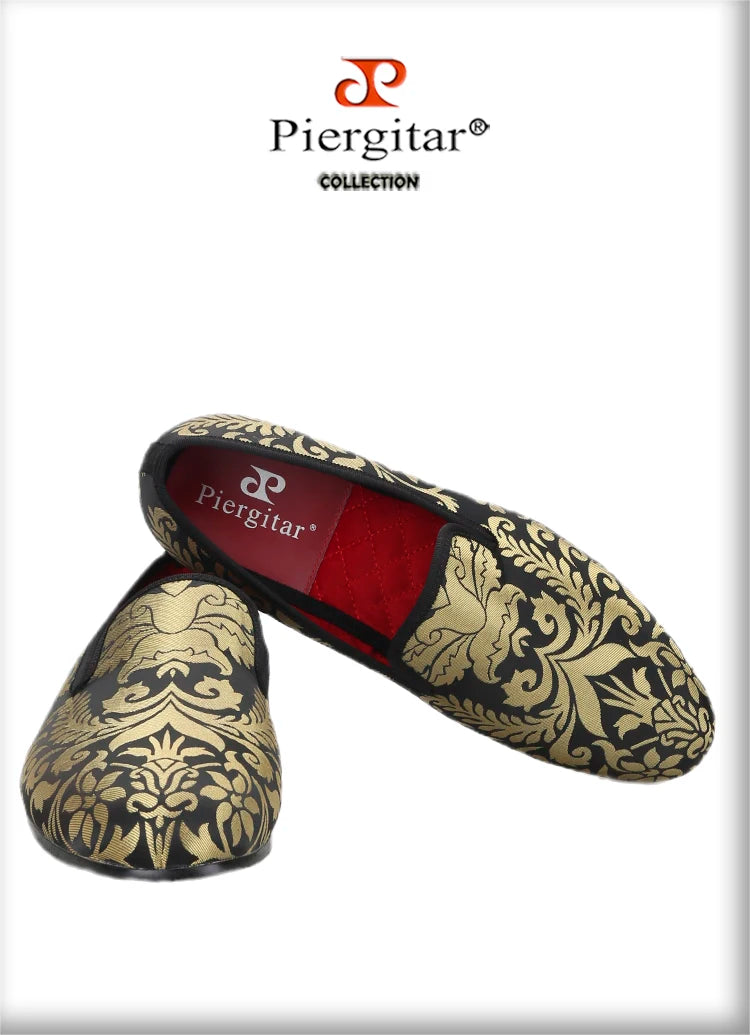 Piergitar 2023 New Upgrade Style Baroque Gold Jacquard Silk Men Loafers For Party Pair With Gold Suit Plus Size Moccasins