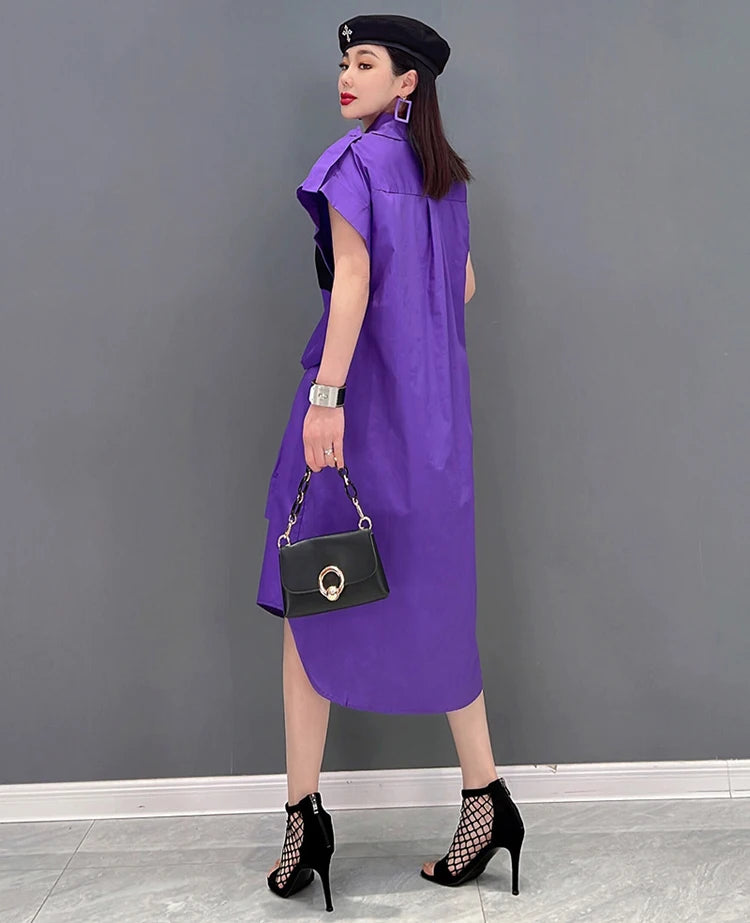 Extra Sleeves Decorated New 2025 Summer Korean Style Woman Purple Shirt Dress Loose Fit Chic Unique Big Size Casual Robe JKXD005