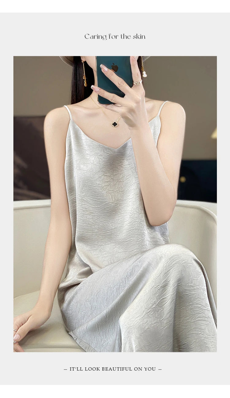 2025 New 100% Anti Wrinkle Mulberry Silk Strap Dress for Women's Summer New Loose Long Skirt