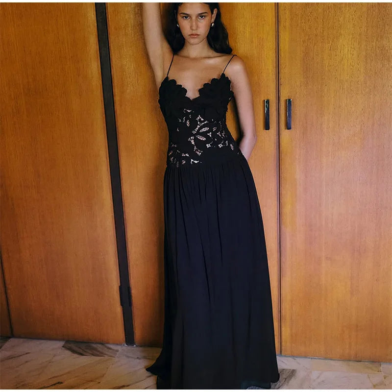 Women's Sleeveless High Waist Pleated Hollow Lace Dress