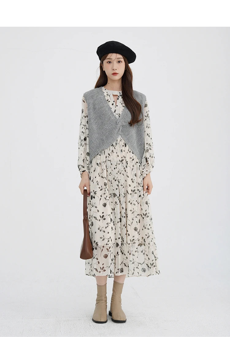 Floral Midi Dress Women Sweet A-Line Long Sleeve Hollow Out Dress Elegant High Waist Casual Long Dress Daily or Vacation Outfits