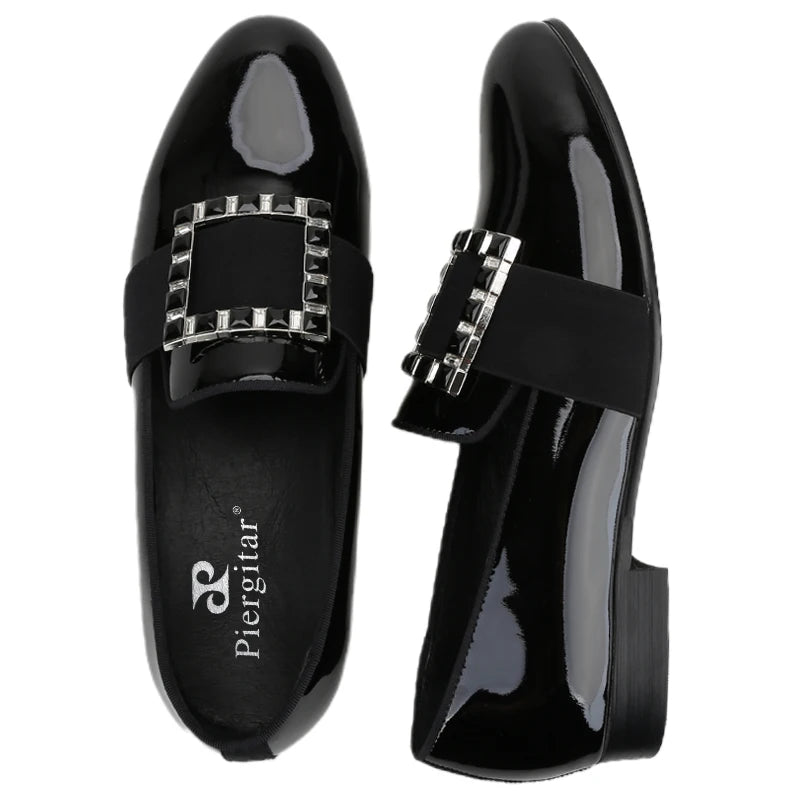 Piergitar Black And Silver Rhinestones Square Buckles Men Velvet Shoes For Wedding Or Party Handmade Slip-On Loafers Plus Size
