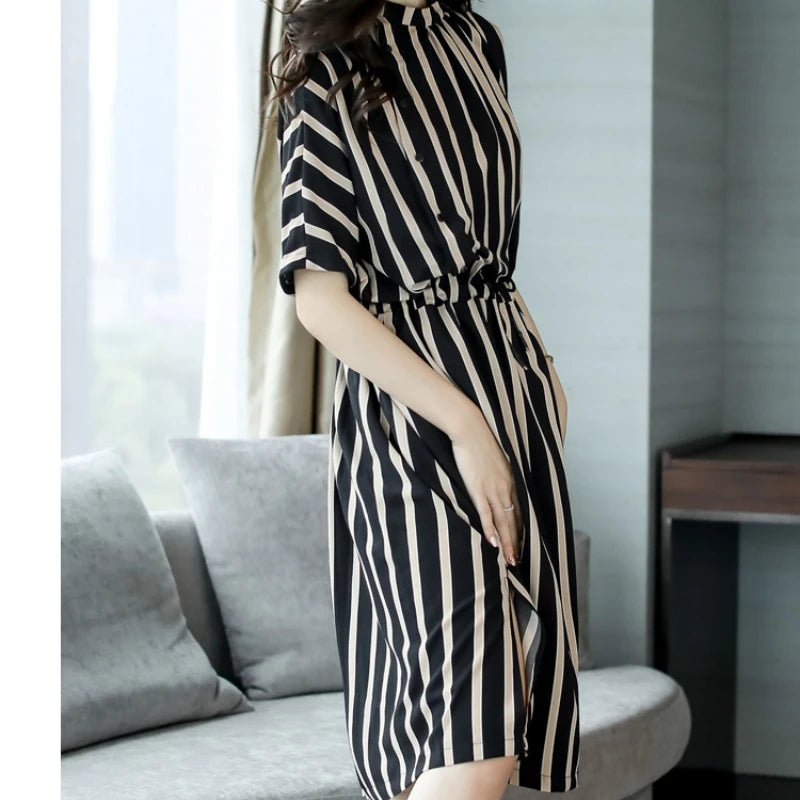 casual office lady dresses for women in a stripey short-sleeved midi dress