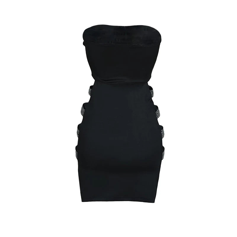 Women’s Sexy Tube Tops Pencil Dress Fashion Solid Color Rhinestone Hollow Skinny Short Dress Streetwear
