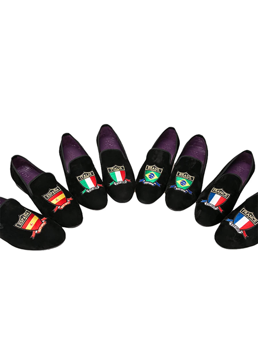 Piergitar Handmade Embroidery Of Four Powerful Football Countries Black Velvet Men Loafers Genuine Leather InSoles And Outsoles