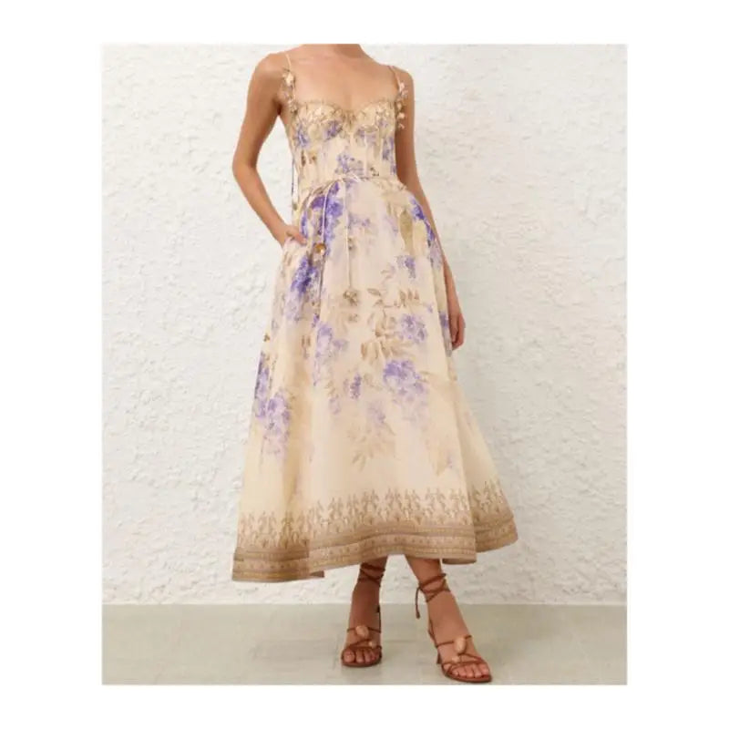 2025 New French High Quality Luxury Chic Dress Appliques Floral Print Spring Summer Strapless Women Holiday Spaghetti Midi Dress
