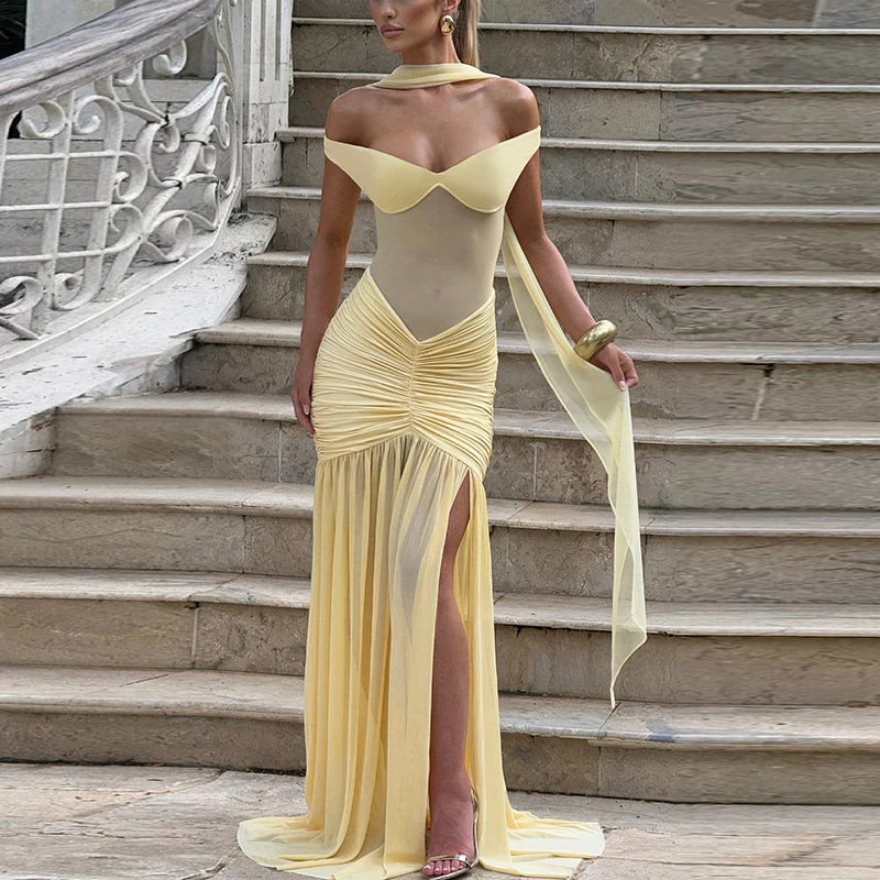 V-Neck Off Shoulder High Side Split Dress